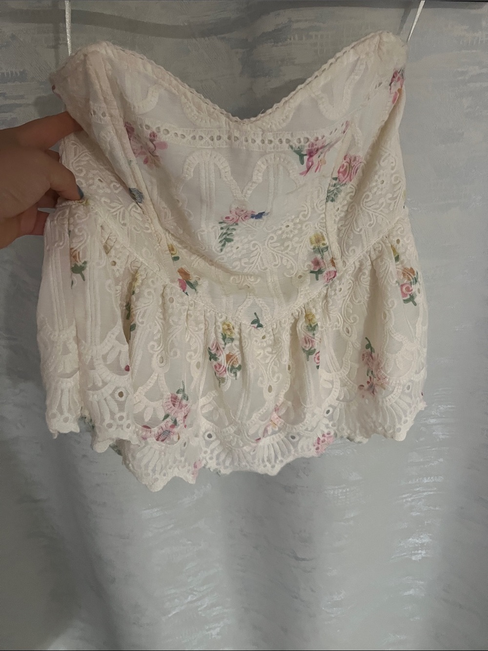 ILLA ILLA Ivory Floral Lace Peplum Camisole with Pink & Green Accents